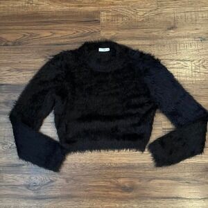 Aritzia TNA Black Fuzzy Crop Sweater Women Small Minimalist Loungewear Cozy Soft